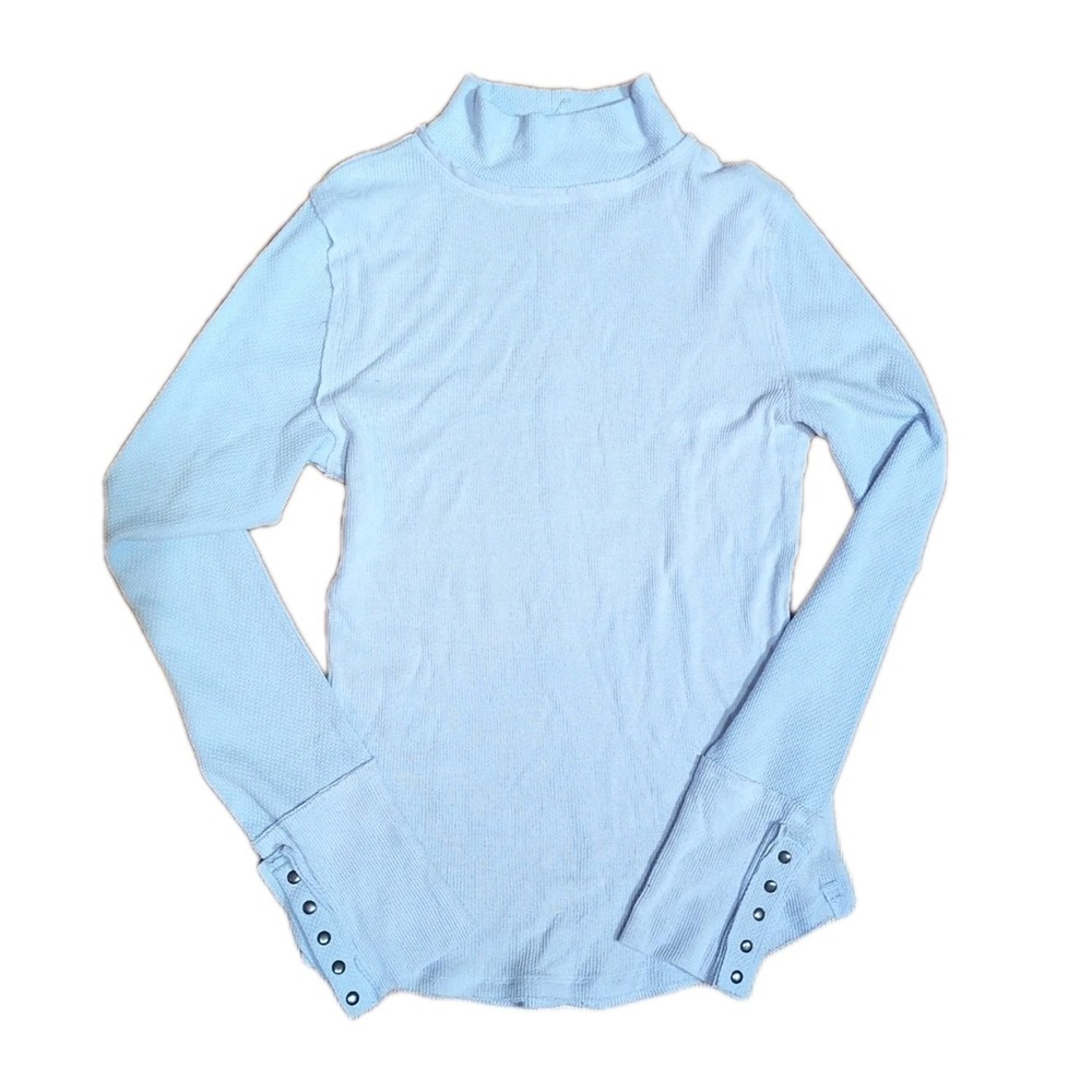 NEW Sz XL We The Free People Womens Freya Mock Neck Thermal Top Snap Cuffs Blue